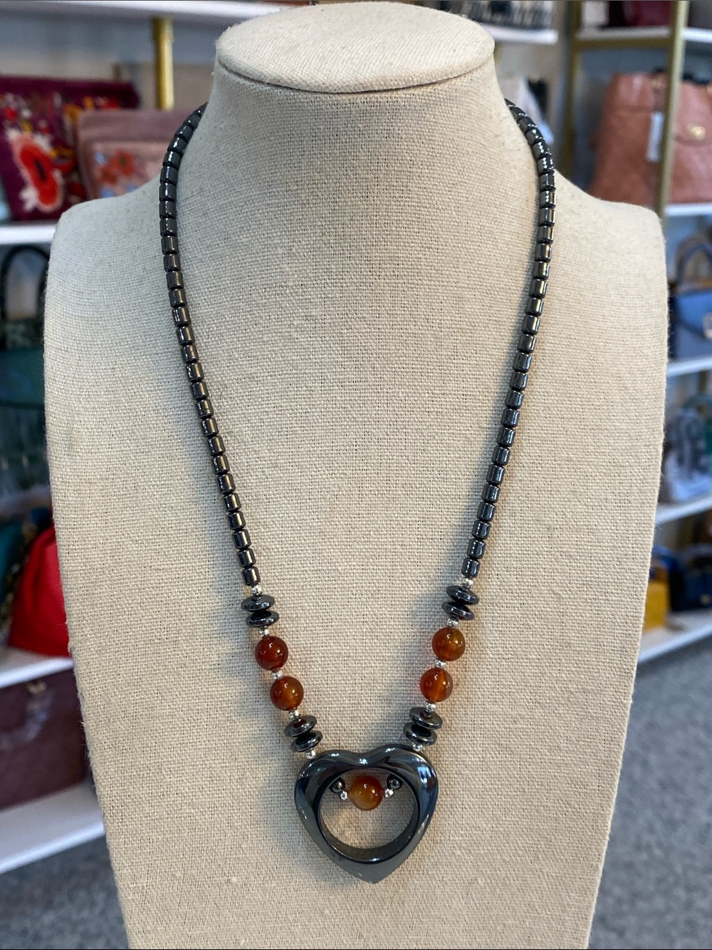 Hematite Heart Pendant Beaded Necklace with Amber-Tone Accents